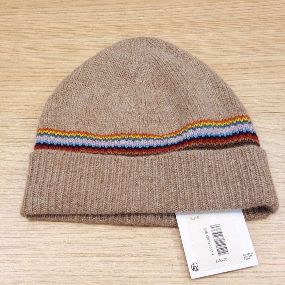 PAUL SMITH Mens Beanie Hat Tan Stripe 100% Wool Lambswool Knit Ribbed $155